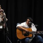 Kim Robins, Dawn Kenney, and David Morris in a songwriter showcase at Wide Open Bluegrass 2016 - photo by Frank Baker