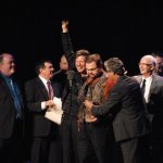 Junior Sisk acceptingSteve Martin & Steep Canyon Rangers at the 2012 IBMA Awards Show - photo by Dan Loftin