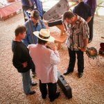 Bobby Osborne checks out a mandolin backstage at the Gettysburg Bluegrass Festival (August 2014) - photo by Frank Baker