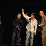 Lonesome River band accepts their award for Instrumental Event at the 2012 IBMA Awards Show - photo by Dan Loftin