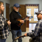 Ron Stewart and Doyle Lawson with Barry Abernathy in the studio, February 2016 - photo by Russ Carson