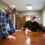 Barry Abernathy and Doyle Lawson share a laugh in the studio, February 2016 - photo by Russ Carson