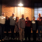 The Al-Star Bluegrass Jam crew backstage at The Birchmere (2/12/12): Josh Williams, Claire Lynch, Sammy Shelor, Missy Raines, Kenny Smith, Michael Cleveland, Amanda Smith and promoter Larry Gorley