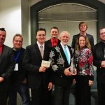 Team DLQ backstage at the ICM Awards - Mike Rogers (guitar/vocals), Kevin McKinnon (sound engineer), Jason Barie (fiddle), Corey Hensley (bass/vocals), Doyle Lawson (mandolin/vocals), Joe Dean (banjo), Sherri George (publicist), and Josh Swift (dobro/vocals) - photo by Ashley Garrett Dean.