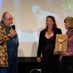 Richard Weize accepts a 2015 European Bluegrass Pioneer Award (3/14/15) - photo by Robert Bowe