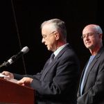Fred Bartenstein and Carl Jackson presenting the Liner Notes Award at World of Bluegrass 2016 - photo by Frank Baker Union