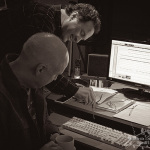 Larry Stephenson and Ben Surrett share a laugh at Rec Room Studio (March 2016) - photo by Dreama Stephenson