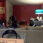 Po' Ramblin' Boys relaxing with their devices at the home of Jan Michielsen in Hoogstaaten