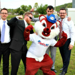 Members of Flatt Lonesome clown around with a local radio mascot at the Rocky Top Bluegrass Festival (4/24/15) - photo by Mike Kelly