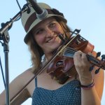 Kimber Ludiker with Della Mae at ROMP 2013 - photo by Terry Herd