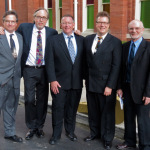 Bill Evans, Tony Trischka, Tom Adams, Ned Luberecki and Chris Warner outside The Ryman after the Earl Scruggs memorial (4/1/12) - photo by Terry Herd