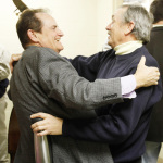 Jerry McCoury and Butch Robins get reacquainted at the Sizemore Benefit Show in Roanoke (2/19/12) - photo © Dean Hoffmeyer