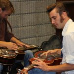 Mark Lavengood and Chad Graves warming up before the Slidegras Extravaganza at World of Bluegrass 2012 - photo by David Morris