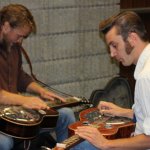 Mark Lavengood and Chad Graves warming up before the Slidegras Extravaganza at World of Bluegrass 2012 - photo by David Morris