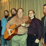 Dave Thompson and Tom Anderson of Janet Davis Acoustic Music, Chris Langdon with the International Bluegrass Music Museum, Ed Gotway, winner of the guitar, Andrew Thompson of Janet Davis Acoustic Music, and Joe Mullins at the 2013 SOIMF - photo by Bill Warren