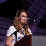 Kimber Ludiker presenting at the Special Awards at the 2016 Wold of Bluegrass - photo © Tara Linhardt