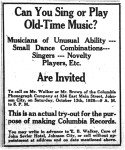 Columbia ad run in Johnson City papers to recruit artists for their sessions
