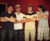 Jim VanCleve, Seth Taylor, Sam Bush and David Hall (engineer) in the studio